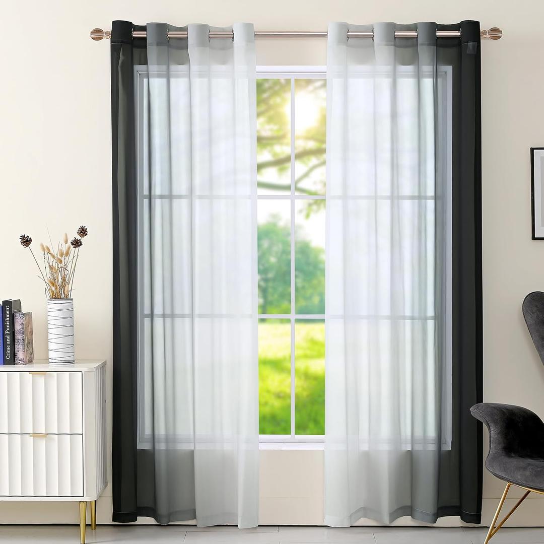 Set of 2 Chiffon Ombre Sheer Curtains, Gradient Window Curtain Panels Drapes, Grommet Top Semi Sheer, Voile Window Treatment for Girls Bedroom, Living Room, Patio Door, 52 x 63 in, Black Set of 2 Chiffon Ombre Sheer Curtains, Gradient Window Curtain Panels Drapes, Grommet Top Semi Sheer, Voile Window Treatment for Girls Bedroom, Living Room, Patio Door, 52 x 63 in, Black