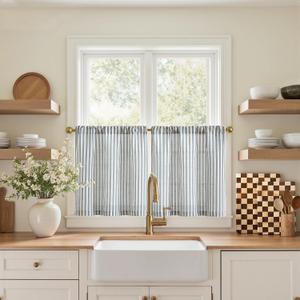 jinchan Striped Linen Kitchen Curtains 20 Inches Length Tier Curtains Farmhouse Modern Cafe Style Small Window Treatments Airy Light Filtering Rod Pocket for Living Room Bathroom 2 Panels, 26"W x 20"L (Pack of 2), Rod Pocket Striped Blue