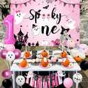Halloween 1st Birthday Party Decorations for Girl Spooky One Backdrop Pink Black Hot Pink Balloons High Chair Banner Cake Topper for First Birthday Party Supplies