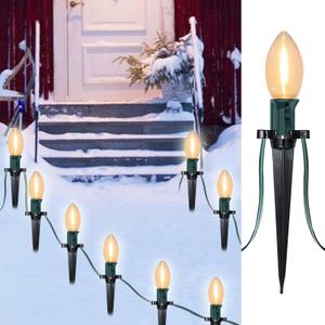 SUNSGNE C9 LED Christmas Pathway Lights Outdoor 38 Feet Sidewalk String Lights with Marker Stakes, 25 LED Clear Connectable Christmas Walkway Markers Lights for Outside Porch Garden Yard Lawn Decor (LED Warm White)