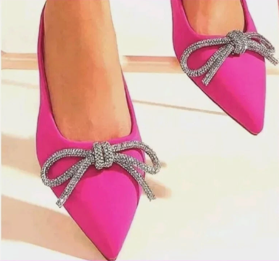 Steve Madden Pink Satin Rhinestone Embellish Bow Ballet Dress Shoes, Size 6, Pink