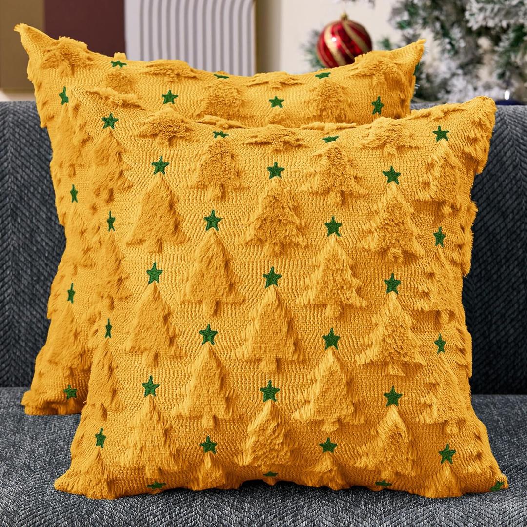 Christmas Pillow Covers 18x18 inch Set of 2 Gold Yellow Christmas Tree Pillow Covers Decorations Plush Faux Fur Soft Cushion Case for Winter Xmas Holiday Home Bedroom Sofa Decors PT-004G18
