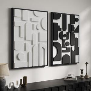 Large 3D Textured Framed Black and White Abstract Wall Art for Living Room, Set of 2 Modern Paintings Artwork for Walls, Minimalist Geometric Pictures for Bedroom Hallway Office Wall Decor 24x36 In