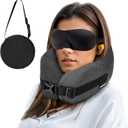 Neck Pillow Airplane Travel Set - Pure Memory Foam Travel Neck Pillow, Plane Pillow for Long Flights Essentials, Sleeping with 3D Contoured Eye Mask, Earplugs, Portable Bag (Gray-S)