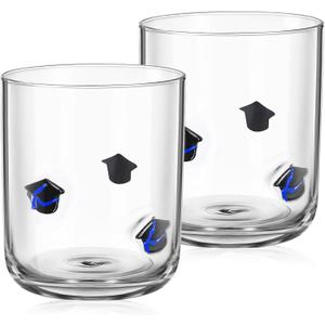 Maxdot 2 Pcs Graduation Icon Juice Glasses Stemless 14oz Congrats Grad Cap Double Icon Cocktail Glass for Class of 2025 Party Favors Supplies(Blue)
