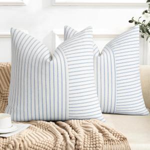 YCOLL Farmhouse Pillow Covers 16x16, Modern Accent Square Throw Pillow Covers Set of 2, Light Blue and Beige Striped Patchwork Linen Decorative Cushion Covers for Couch Chair Bedroom Home Decor