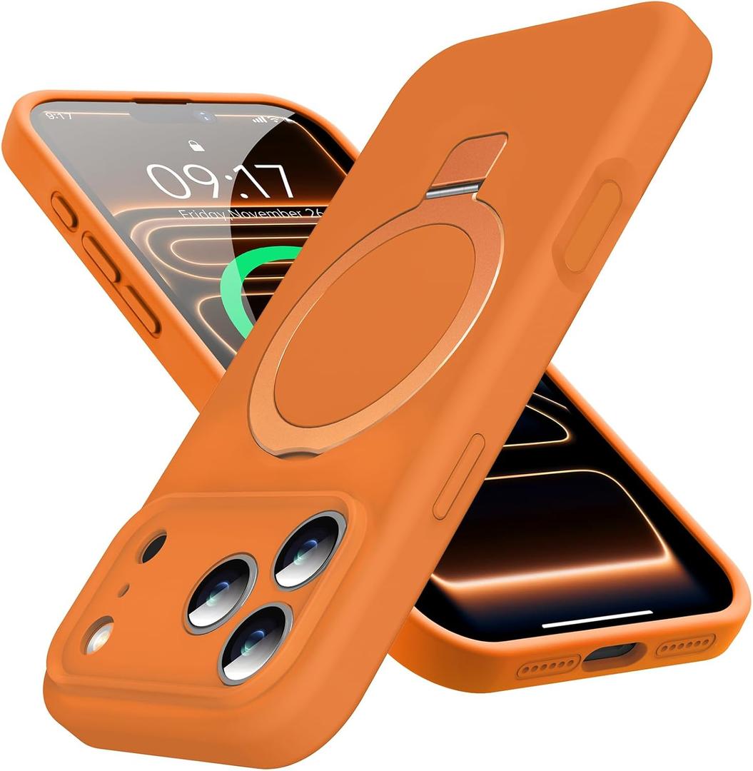 Mag-Ring Designed for iPhone 17 Pro Max Case, Liquid Silicone [Moisturizing Factor] Extreme Soft Slim Phone Case with Stand [Compatible with Mag Safe]for 17 Pro Max 6.9 inch Men Women, (Orange)