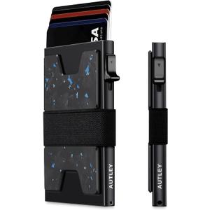 AUTLEY Slim Card Holder, Minimalist Pop Up Wallet for Men, RFID Blocking Mens Wallet with Cash Band (Blue Spot Carbon Fiber)