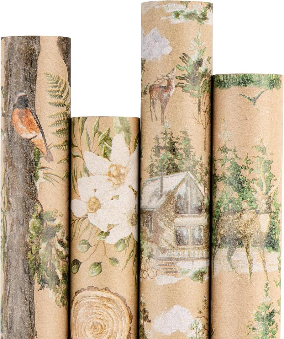 RUSPEPA Christmas Wrapping Paper Set, Jumbo Roll, Vintage Reindeer, Cabin, Bear and White Flower Design, Kraft Gift Wrap for Christmas, Holiday, Rustic Wedding, 4 Rolls, 30 inches x 10 feet per Roll