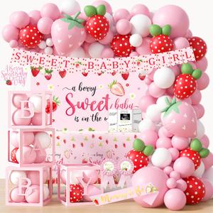 Strawberry Baby Shower Decorations, A Berry Sweet Baby Is On The Way Party Supplies, It's a Girl Gender Reveal, Backdrop Balloon Arch Box Mom to Be Sash Dad to Be Pin Tablecloths Cake Topper