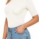MANGOPOP Women's Half Sleeve Crew Neck Bodysuit 3/4 Sleeve Body Suit, White, Small