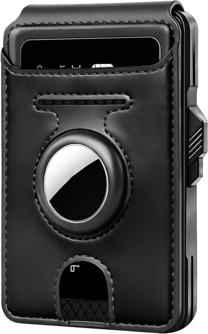 RFID Wallet for Men with AirTag Holder - Brushed Aluminum Pop Up Card Holder, Slim Money Clip Wallet Fits Front Pocket with ID Window, Holds 11 Cards and Cash, Gift for Men