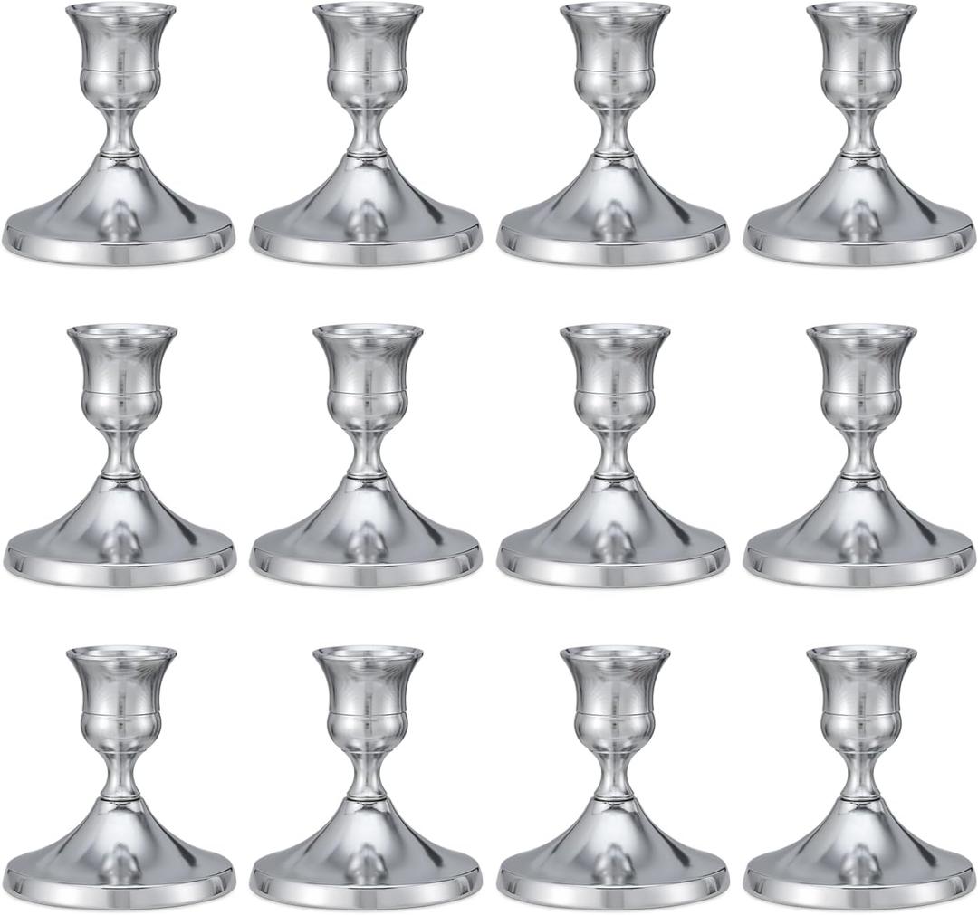12 Pcs Silver Candle Holders, Silver Candlestick Holders Set for Table Centerpiece, Vintage Taper Candle Stand, Home Decor, Weddings, Festival and Dining Parties (Sliver)
