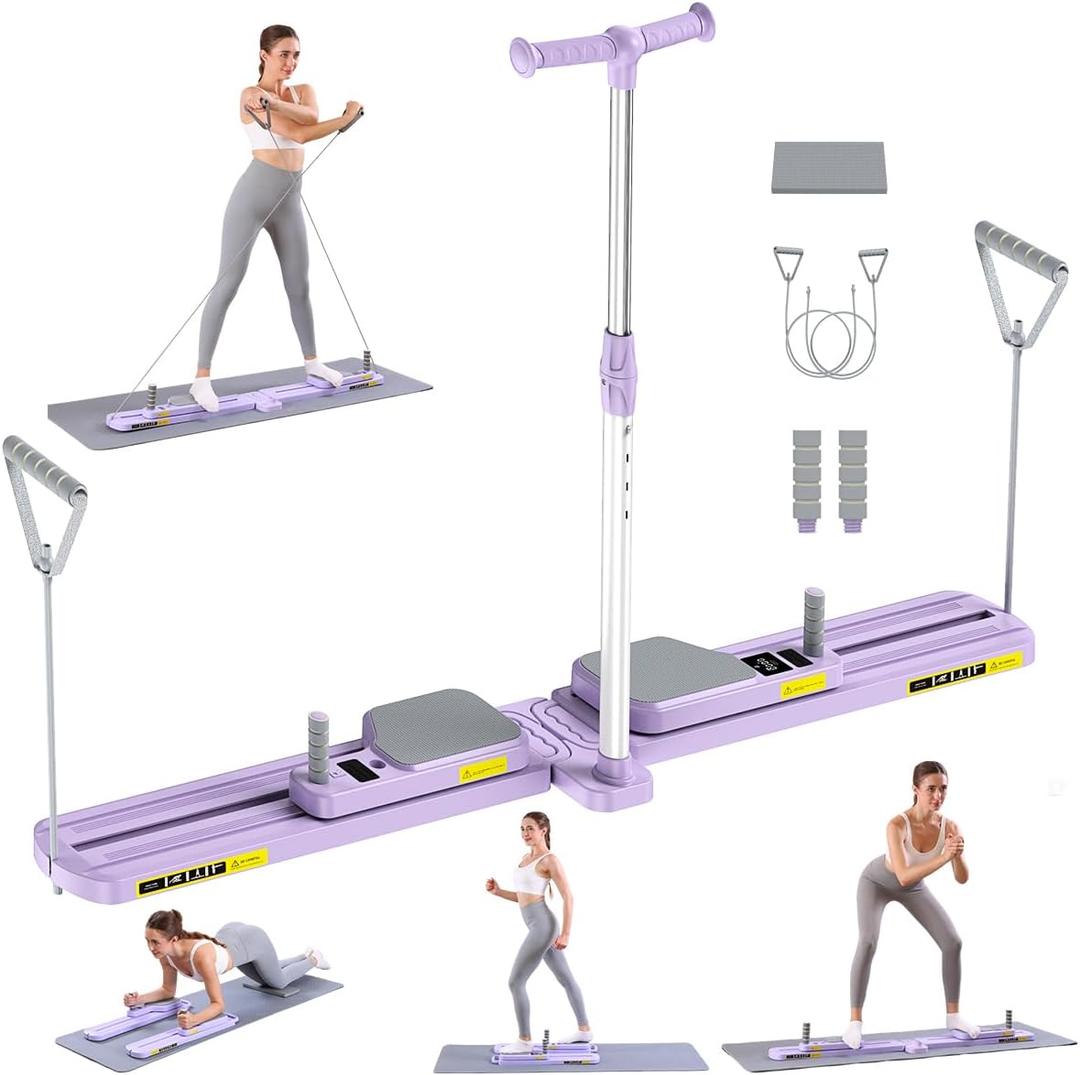 Pilates Board, Pilates Reformer Multifunctional Home Workout Equipment with Resistance Bands & LED Timer, Anti-Slip Design Machine, Core & Full Body Training Pilates Kit for Women and Beginners