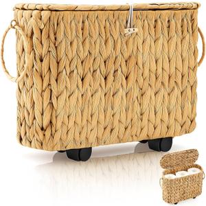 Weysat Wicker Toilet Paper Basket with Lid and Detachable Wheels Boho Slim Woven Toilet Paper Holder Holds up to 9 Mega Rolls for Home Bathroom Decor Organizer