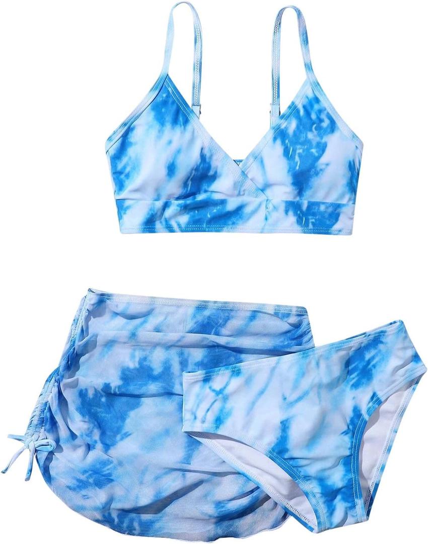 3 Piece Bikini Bathing Suits+Skirts Swim Sets for Girls Toddler Tie Dye Padded Swimsuit Ruched Rash Cover up Swimwear (8-9 Years, Blue)