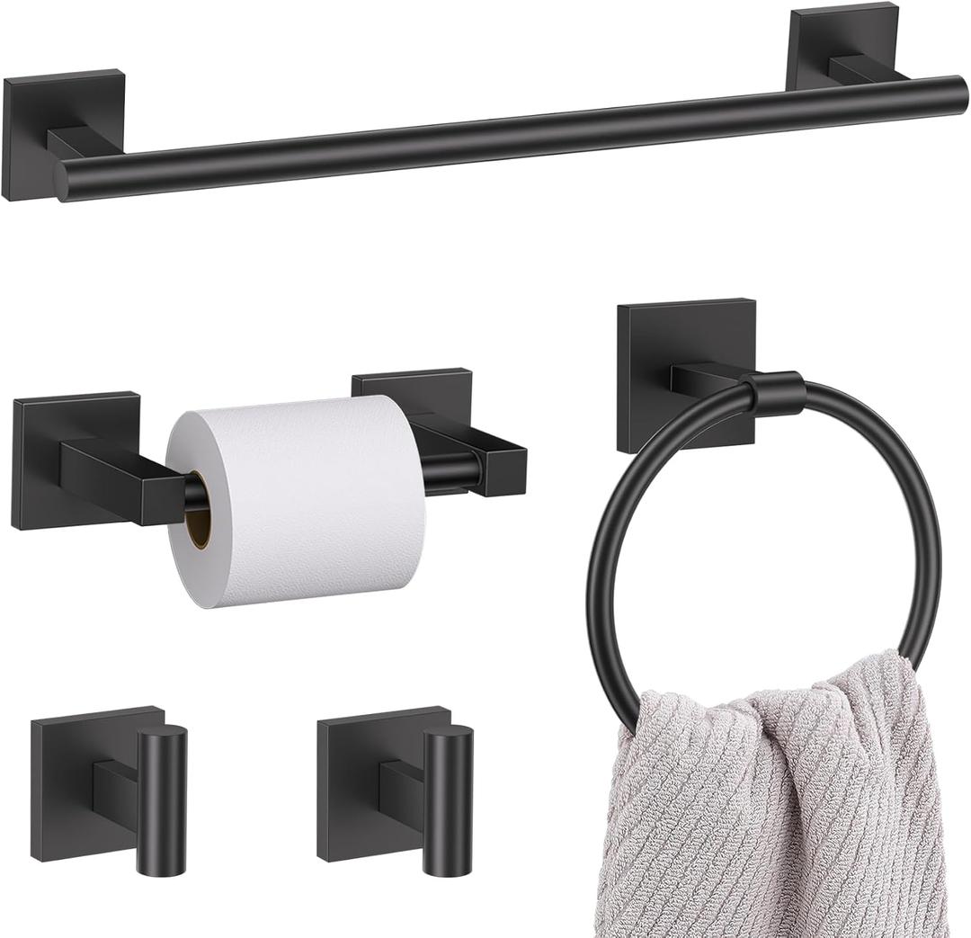 Lairuier 5 Pieces Bathroom Hardware Set Matte Black Towel Bar Set Includes 23.6” Towel Bar, Towel Ring Holder, Toilet Paper Holder and Two Towel Hooks, Bathroom Accessories Set SUS304 Wall Mounted