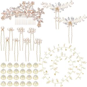 Juexica 48 Pack Wedding Hair Comb Bride Pearl Accessories U-shaped Flower Rhinestone Hair Clips Prom Jewelry for Brides Party Holiday (Gold)