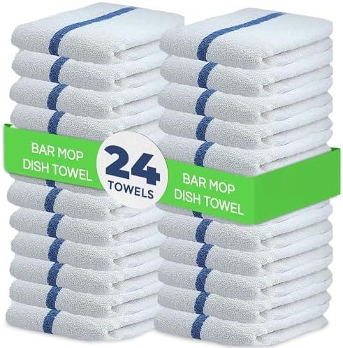 Towels N More 24 Pack 16x19 Bar Mop Towels High Absorbent Cotton Reusable Kitchen Towels - Quick Drying Towels for Chef, Cook, Home, Restaurant, Bar Glass Cleaning Towels (24, Blue Stripe)