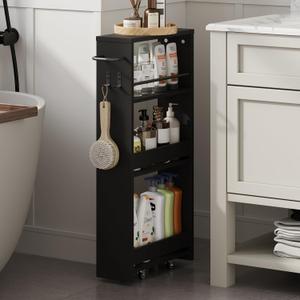 ChooChoo 4-Tier Slim Storage Cart, 5.5 inches Wide Narrow Storage Cabinet with 360 Wheels and 2 Hooks, Laundry Room Storage Organizer for Kitchen, Narrow Places, Bathroom, Black