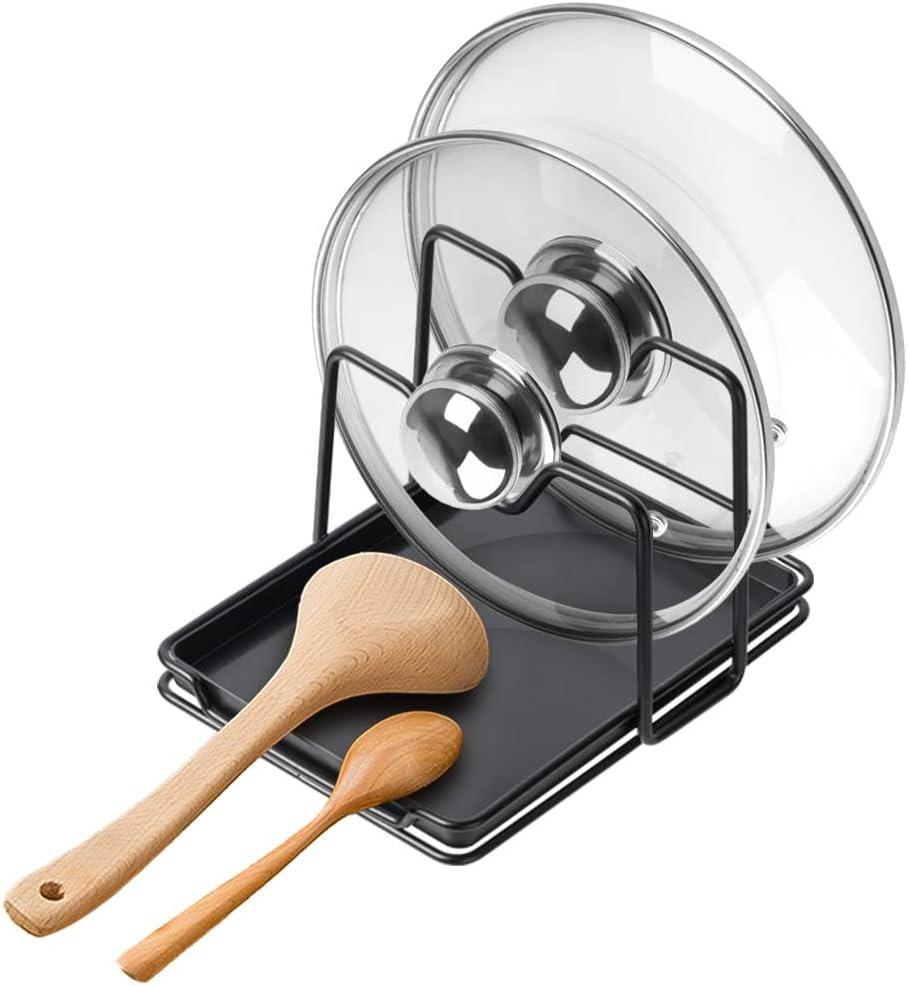 Poeland Pot Lid Holder, 2 Layers Pot Lids Organizer Multifunctional Lid and Spoon Rest Rack with Drip Tray for Lids, Spatulas, Spoons, Cutting Boards (Black)