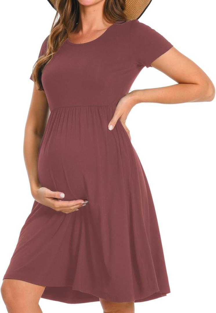 Bearsland Womens Long Sleeve Maternity Dresses Patchwork Pregnancy Dress with Pocket (X-Large, Coppery Brown)