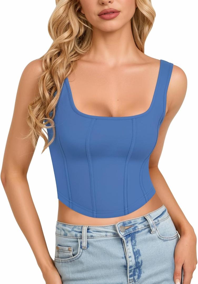 CLOZOZ Corset Tank Crop Top for Women Bustier Square Neck Sleeveless Tops | Double Lined Tank Top, Cute Summer Tops, Corset Top, Going Out Tops, Basic Tank Tops, Y2K, Party, Concert, Night Out, Club (Blue, XS)
