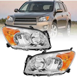 Headlight Assembly for Toyota 2009 2010 2011 2012 RAV4 Pair - Chrome Housing with Amber Lamps - Complete Set - Driver and Passenger Side
