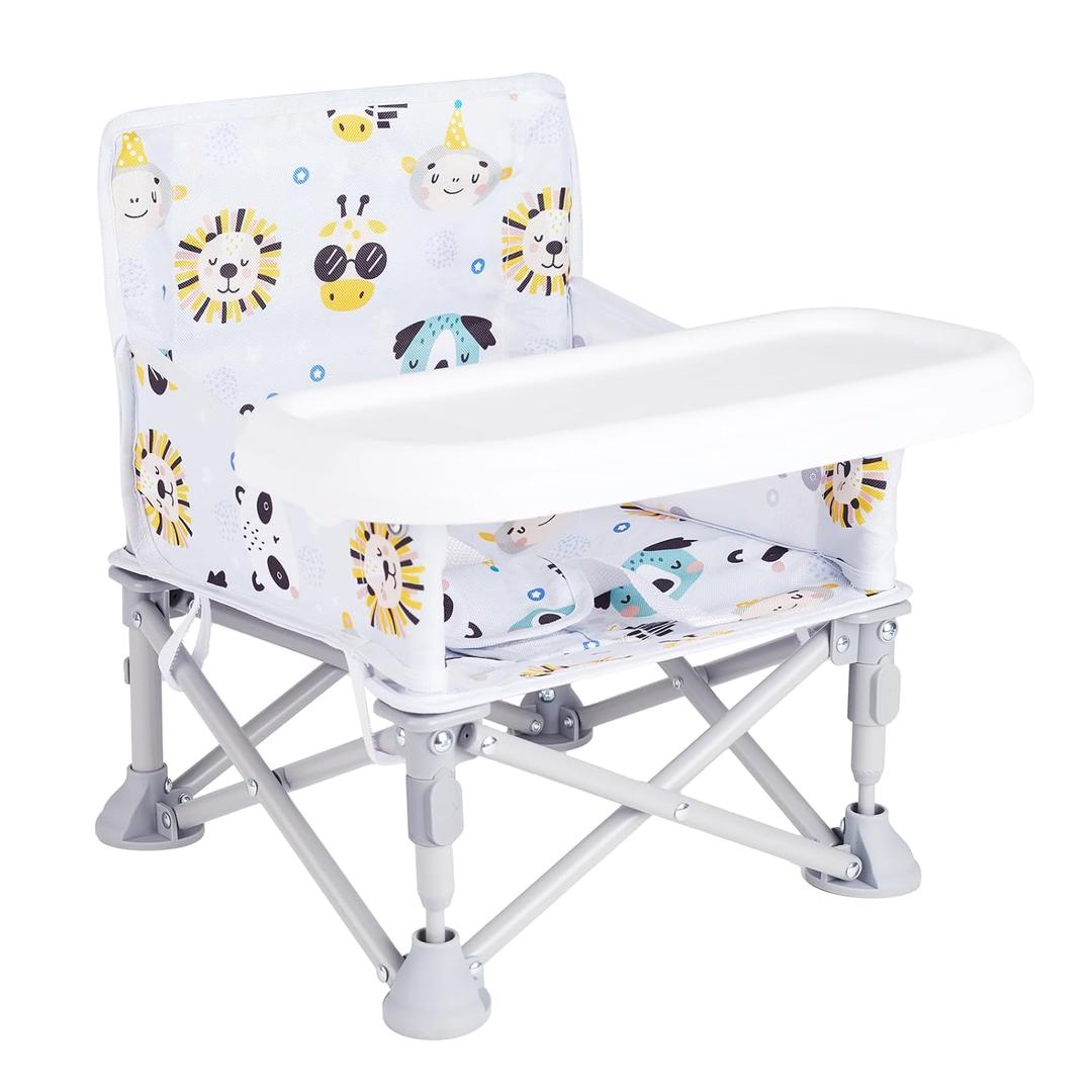Portable Baby Booster Seat with Tray, Toddler Booster seat for Dining, Camping, Travel, Baby Beach Chair 6 Months to 3 Years Old Indoor Outdoor Use CH2407 (White)