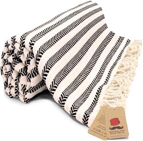 Bazaar Anatolia Turkish Beach Towel – 100% Cotton, Quick Dry, Sand Free Boho Farmhouse Style for Bathroom, Travel, Camping – Oversized 71x39 Inches – Arpa Black