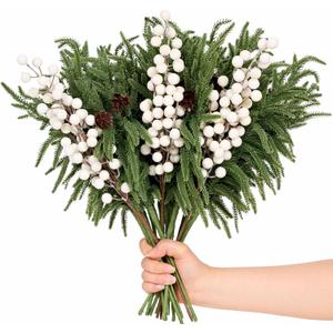 12 Pack Artificial Norfolk Pine Branches 17.7" Christmas Artificial Pine Stems with White Berry Stems Fake Pine Needles Picks for Vase DIY Crafts Garland Wreath Xmas Indoor Home Decor