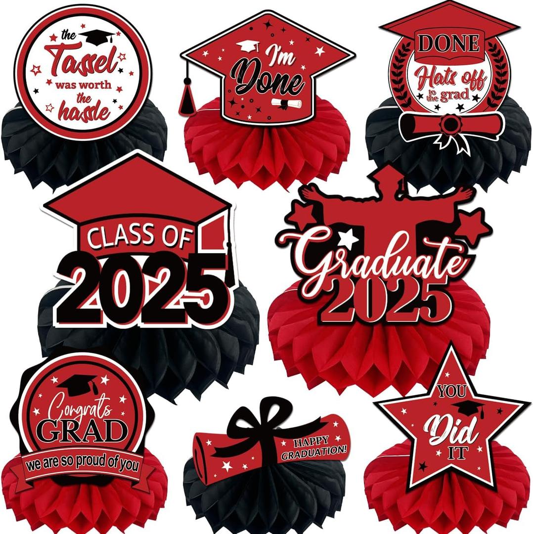 8PCS Graduation Decorations 2025, Class of 2025 Congrats Grad Table Centerpieces Congratulate Graduation Honeycomb Table Toppers for Graduation Party Supplies (Red Black) 8PCS Graduation Decorations 2025, Class of 2025 Congrats Grad Table Centerpieces Congratulate Graduation Honeycomb Table Toppers for Graduation Party Supplies (Red Black)