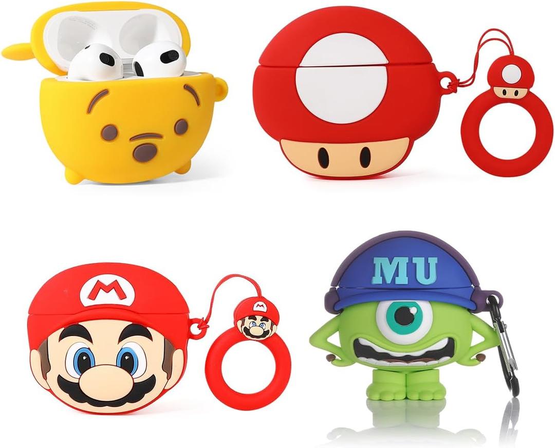 (4Pack) Case for AirPods 3rd Generation Earbuds (2022), XMBYGY Silicone Charging Case Protective Cover with Cute Cartoon Skin Design for AirPods 3, with Carabiner (CTMrQ+RDWN+Mario+Mushroom)