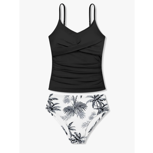 Girls Swimsuit 2 Piece Bathing Suit Criss Cross Ruched Girl Tankini Sets Printed Girls' Swimwear 11-12Yrs