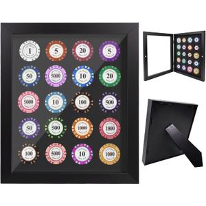 Poker Chip Display Case Frame for 20 Chips, Magnetic Front-Opening Display Case,Wall-Mount Or Tabletop Display with Hinged,Poker Chip Holder for Casino Collector 11.8" X9.8in