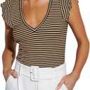Ezbelle Women's V Neck Tank Summer Tops Striped Tshirts Ruffle Short Sleeve Slim Fitted Ribbed Knit Sexy Blouse 2026 (Large, Khaki)