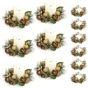 6Pcs Christmas Candle Rings Wreaths, Small Christmas Wreath with Glasses and Plastic Candles with Snowy Pinecone&Red Berry, Mini Candle Holders for Table Centerpiece (Green)