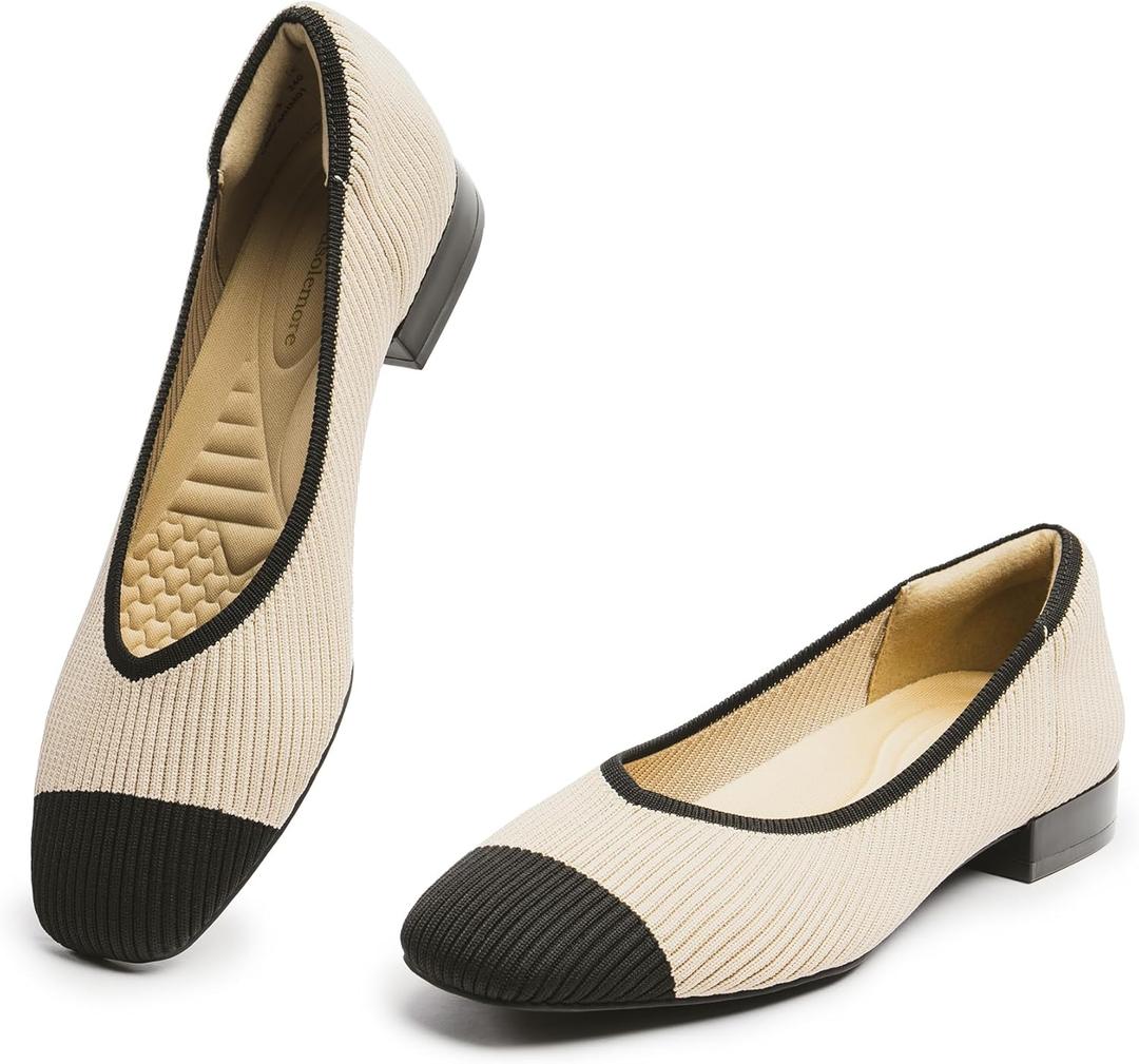 Women's Flats with Arch Support, Square Toe Ballet Flats, Comfortable Slip On Knit Dress Shoe, Anti-Loose Shoe Band Included 6-11 (8.5, Nude&black)