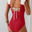 B2prity Womens One Piece Swimsuit Retro Square Neck Tummy Control Bathing Suits Ruched Modest Full Coverage Swimwear (Red) XL