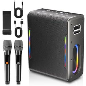Karaoke Machine with Two Wireless Microphones, Powerful Portable Bluetooth Speaker for Adults & Kids, PA System with 2 Voice Mode, LED Lights, Supports BT/TWS/AUX/USB/TF for Party (Black)