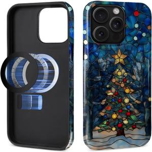 Case for iPhone 15 Pro [Compatible with MagSafe], Glossy Soft Silicone + Hard PC Anti-Scratch Shockproof Protective 2-in-1 Case for Women Men - Stained Glass Christmas Tree Aesthetic