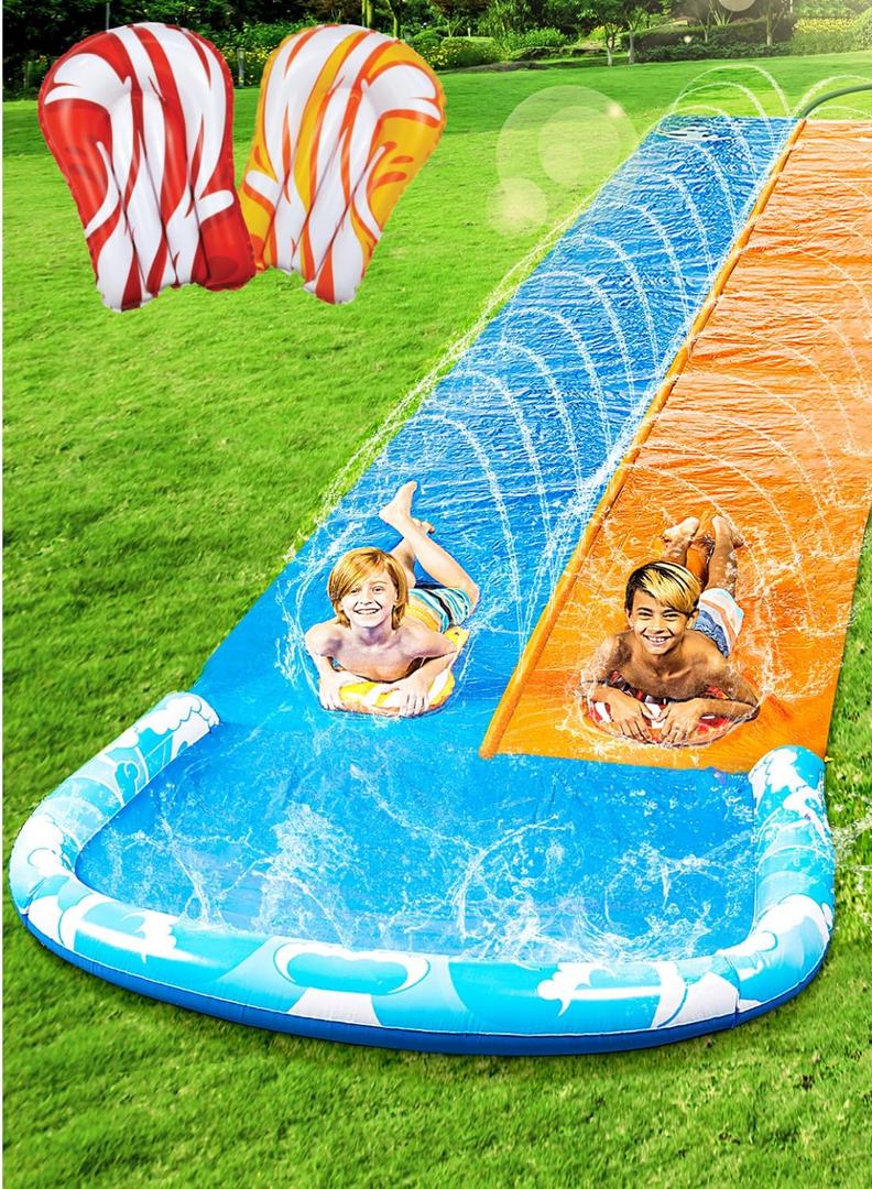 JOYIN 22.5ft Water Slides and 2 Bodyboards, Lawn Water Slide Summer Slip Waterslides Water Toy with Build in Sprinkler for Backyard Outdoor Water Fun for Kids (Blue, Orange)