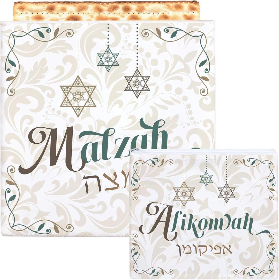 Tessco 2 Pcs Passover Accessories Include Matzah Cover and Afikoman Bag Desert Design Matzah, Afikoman Bag Set Passover Decorations 3 Layered Seder Square Matzo Covers (Green,Stylish Style)