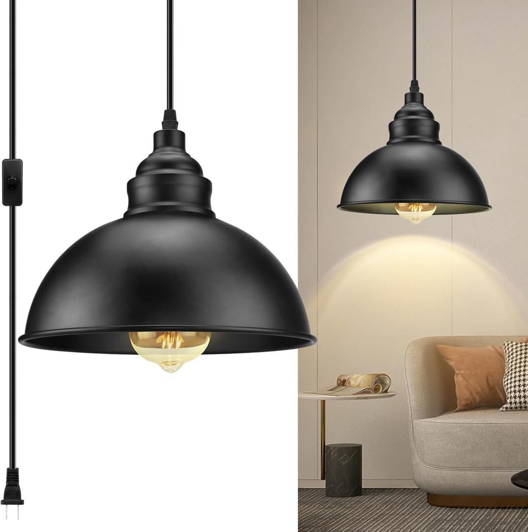 Plug in Pendant Light, 15FT Hanging Lights with Plug in Cord, On/Off Switch, Industrial Pendant Light with Plug in Cord, Metal Hanging Lamps for Living Room, Kitchen, Dining Room, Bedroom (Black)