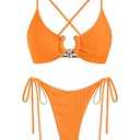 ZAFUL Womens Bikini Swimsuit Ribbed Cute Bikini Sets Criss Cross High Cut Side Tie Thong Two Piece Bathing Suit Orange, M