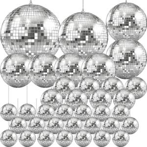 The Dreidel Company Mirror Disco Ball 36-Pack Variety of Sizes, Silver Hanging Ball with Attached String for Ring, Reflects Light, Fun Party Home Bands Decorations