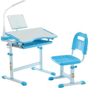 Diroan Kids Functional Desk and Chair Set, Ergonomic Height Adjustable Children School Study Desk with Tilt Desktop, Book Stand, LED Light, Metal Hook and Storage Drawer for Boys Girls(Blue) (Large)