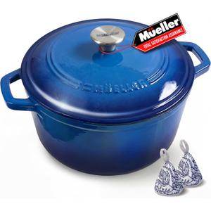 Mueller 6qt Enameled Cast Iron Dutch Oven, Heavy-Duty Casserole and Braiser Pan with Lid and Knob, Oven-Safe up to 500 F & Across All Cooktops, Aqua Blue