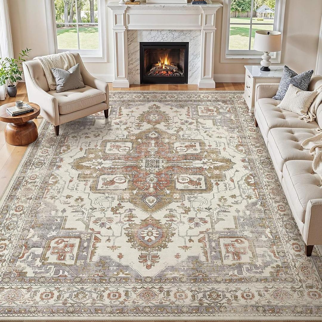 10x14 Area Rugs for Living Room, Washable Non Slip Vintage Distressed Stain Resistant Low Pile Indoor Carpet, Large Rug for Bedroom Dining Room Nursery Office-Golden Taupe