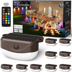 Solar Fence Lights with Remote Control 50ft,15 Multi Colors Solar Powered Outdoor Step Lighting,IP67 Waterproof Led RGBYW Colors Lamp for Outside Fence/Deck/Backyard/Stair Railing/Wall/Patio/Pool (10 Pack, Brown)
